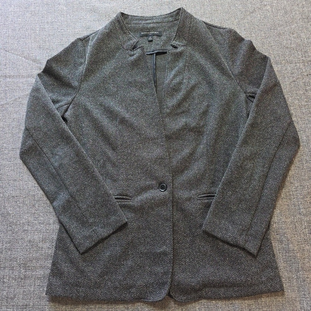 Banana Republic Women Blazer Sweater Jacket Black White M Button Front Classic